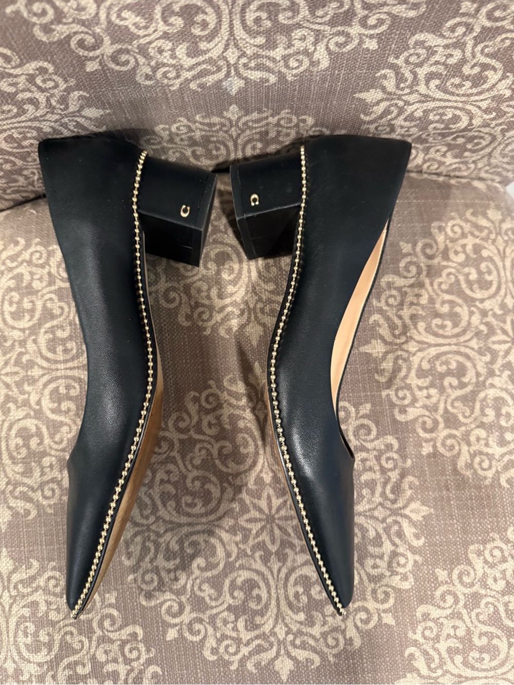Coach Black Leather Pointed Toe Block Heel Pumps Gold Stud Trim Size 9 - Picture 8 of 10